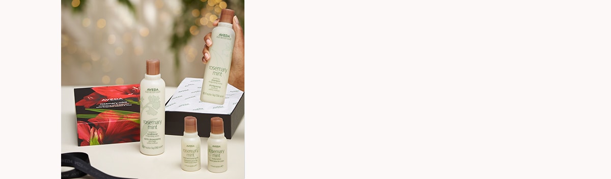 Product image of the limited-edition Rosemary Mint Invigorating Hair and Body Care set.