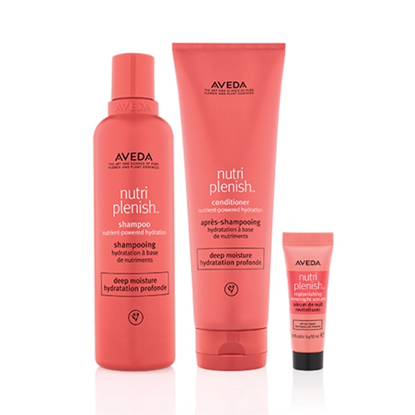 AVEDA Nutriplenish tm Shampoo & Conditioner Deep Replenish Moisture of Severely dry Hair With a Rich Nutrient-powered Formula. for Thicker Hair Types. Wake up to Ultra-hydrated Hair With the Free Overnight Serum - 250ml x 2 & 10ml