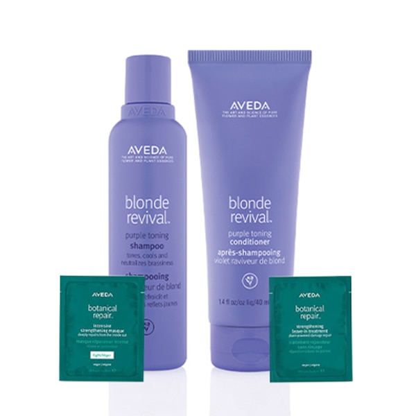 AVEDA Blonde Revival tm Shampoo & Conditioner duo Revive Tones, Colour Brightness, Softness and Shine of Blonde Hair. Repair Colour-treated Hair With the Free Strengthening Treatments. - 200ml x 2 & 10ml x 2